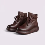 retro platform ankle boots chunky sole side zip warm fleece lined casual short boots in black, front 45-degree view of the pair on a light gray background