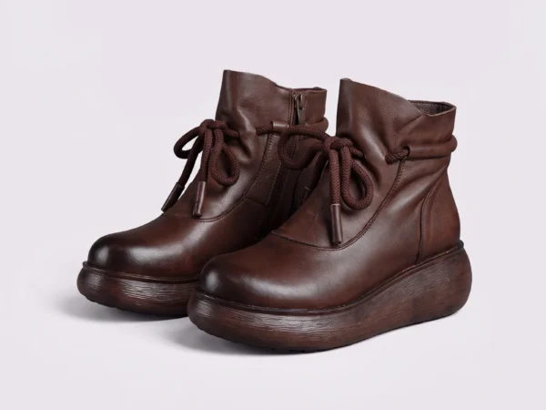 retro platform ankle boots chunky sole side zip warm fleece lined casual short boots in black, front 45-degree view of the pair on a light gray background