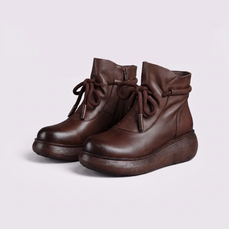 retro platform ankle boots chunky sole side zip warm fleece lined casual short boots in black, front 45-degree view of the pair on a light gray background