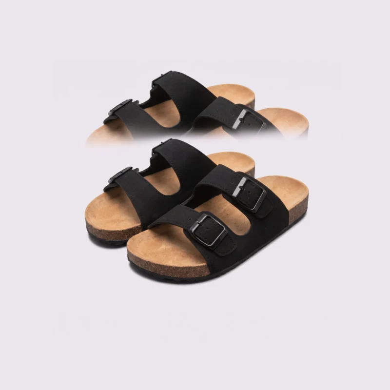 two-strap buckle casual sandals - adjustable double-strap slides with cushioned cork footbed for men and women in black, front 45-degree view of the pair on a light gray background