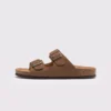 two-strap buckle casual sandals - adjustable double-strap slides with cushioned cork footbed for men and women in brown, left side profile view on a light gray background
