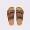 two-strap buckle casual sandals - adjustable double-strap slides with cushioned cork footbed for men and women in brown, top-down view of the pair on a light gray background