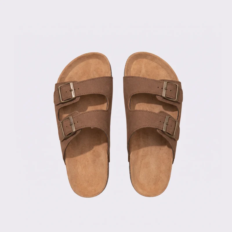 two-strap buckle casual sandals - adjustable double-strap slides with cushioned cork footbed for men and women in brown, top-down view of the pair on a light gray background