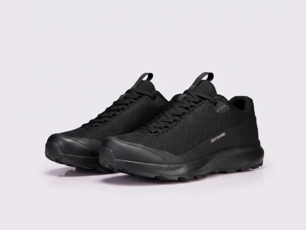 unisex lightweight hiking shoes - breathable outdoor walking & trail shoes, couple style in black, front 45-degree view of the pair on a light gray background