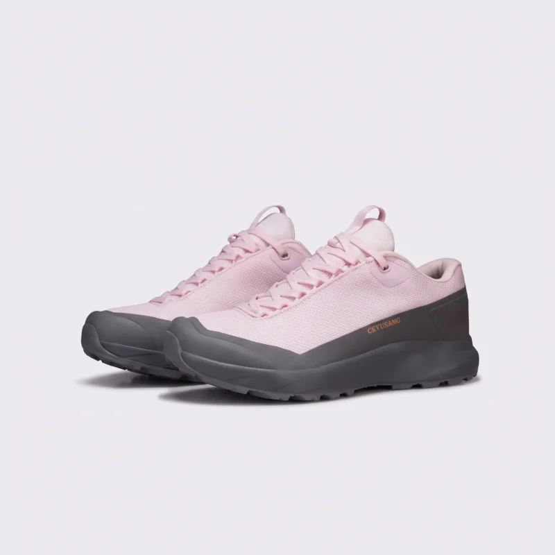 unisex lightweight hiking shoes - breathable outdoor walking & trail shoes, couple style in pink, front 45-degree view of the pair on a light gray background