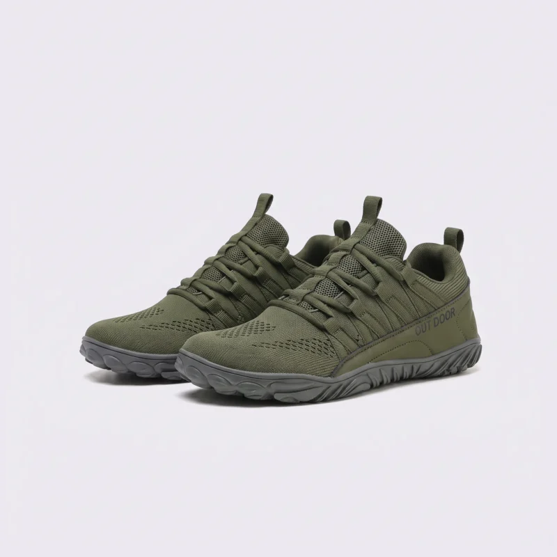unisex knit trail hiking shoes - breathable low-top walking & camping sneakers, big sizes, front 45-degree view of the pair on a light gray background