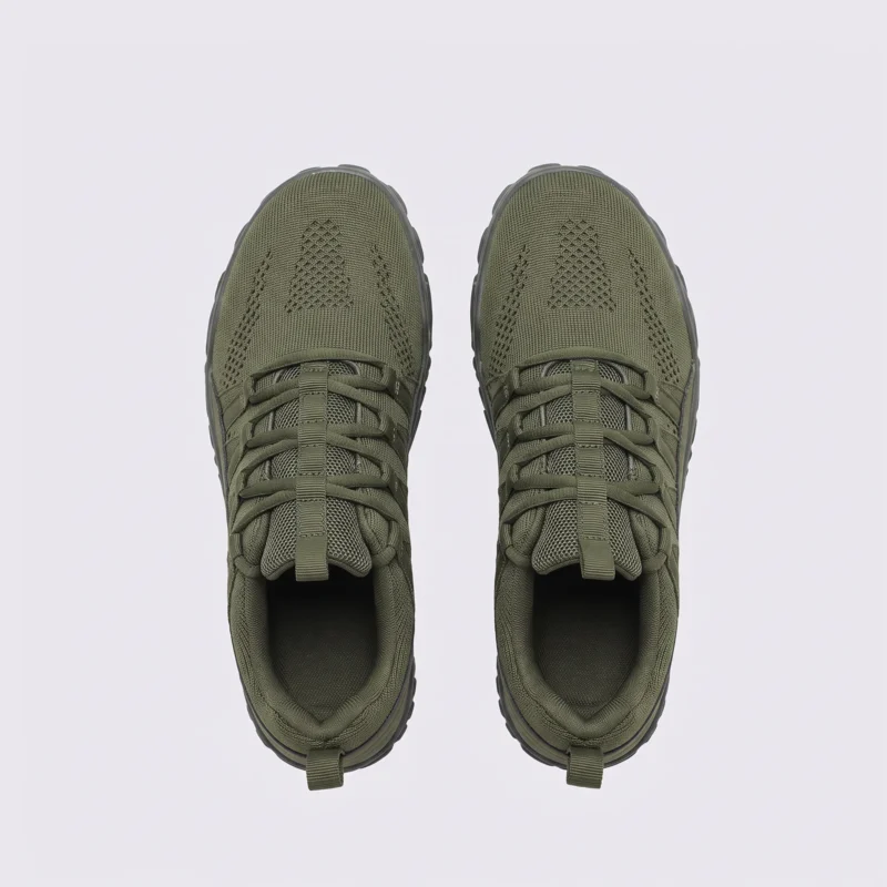 unisex knit trail hiking shoes - breathable low-top walking & camping sneakers, big sizes, top-down view of the pair on a light gray background
