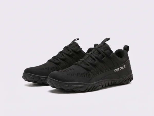 unisex knit trail hiking shoes - breathable low-top walking & camping sneakers, big sizes in black, front 45-degree view of the pair on a light gray background