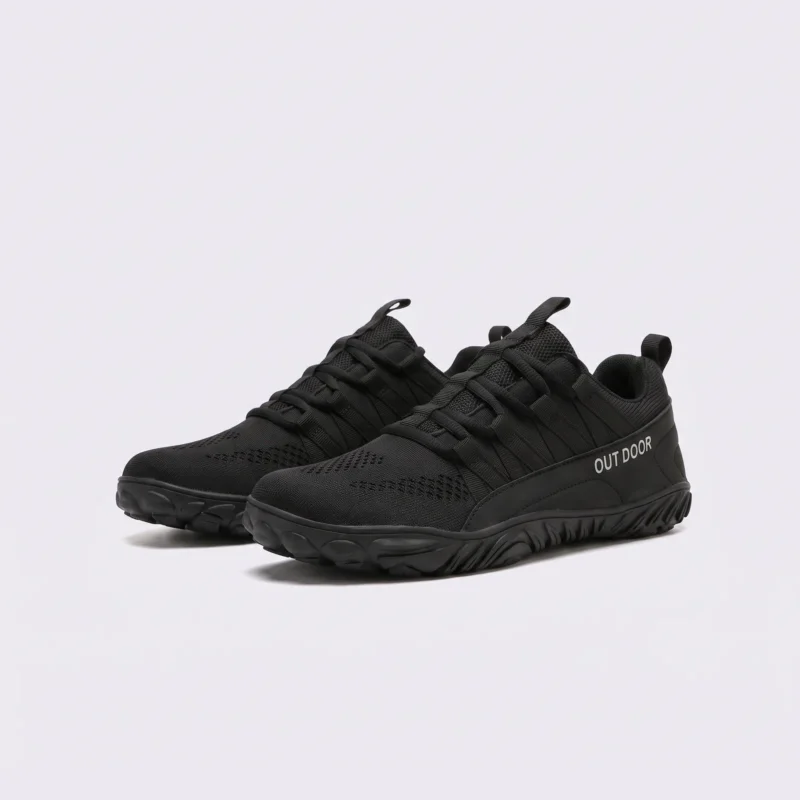 unisex knit trail hiking shoes - breathable low-top walking & camping sneakers, big sizes in black, front 45-degree view of the pair on a light gray background