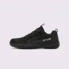 unisex knit trail hiking shoes - breathable low-top walking & camping sneakers, big sizes in black, left side profile view on a light gray background