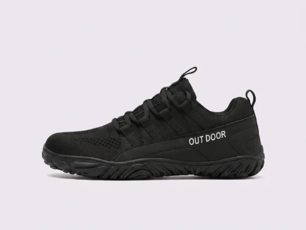 unisex knit trail hiking shoes - breathable low-top walking & camping sneakers, big sizes in black, left side profile view on a light gray background