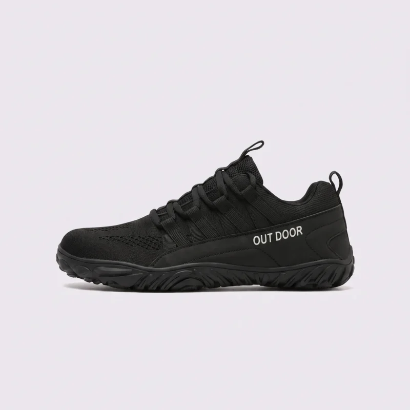 unisex knit trail hiking shoes - breathable low-top walking & camping sneakers, big sizes in black, left side profile view on a light gray background