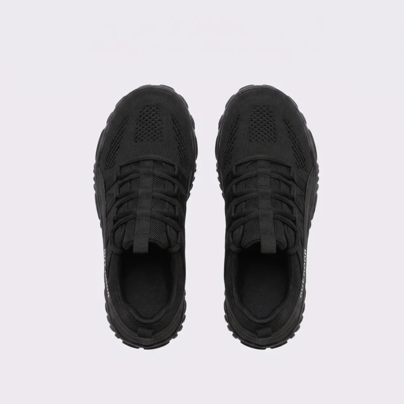 unisex knit trail hiking shoes - breathable low-top walking & camping sneakers, big sizes in black, top-down view of the pair on a light gray background