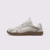 unisex wide-toe german trainer shoes - retro lace-up low-top sneakers in beige, left side profile view on a light gray background