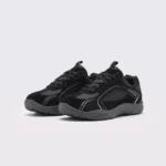 unisex wide-toe german trainer shoes - retro lace-up low-top sneakers in black, front 45-degree view of the pair on a light gray background