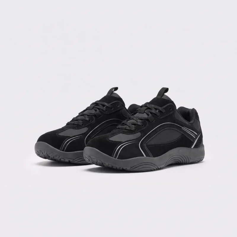 unisex wide-toe german trainer shoes - retro lace-up low-top sneakers in black, front 45-degree view of the pair on a light gray background