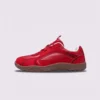 unisex wide-toe german trainer shoes - retro lace-up low-top sneakers in red, front 45-degree view of the pair on a light gray background