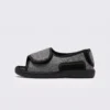 Side left view of gray AZEKA wide fit slippers with adjustable hook and loop strap