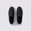 wide fit soft canvas slip-on shoes breathable mesh roomy toe everyday comfort in black, top-down view of the pair on a light gray background