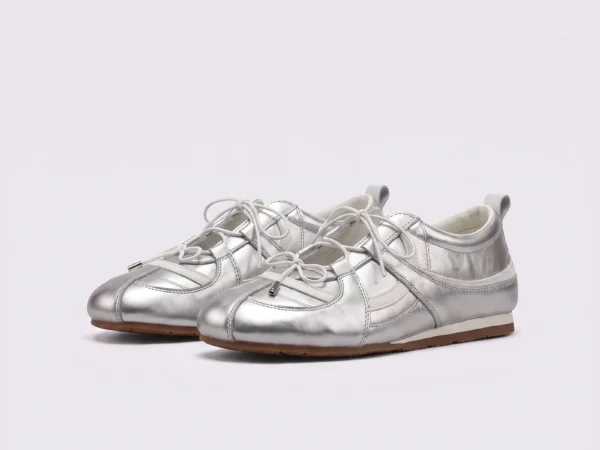 women's silver mary jane flats - soft sole slip-on ballet shoes with hidden 3.5 cm heel in silver, front 45-degree view of the pair on a light gray background