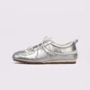 women's silver mary jane flats - soft sole slip-on ballet shoes with hidden 3.5 cm heel in silver, left side profile view on a light gray background