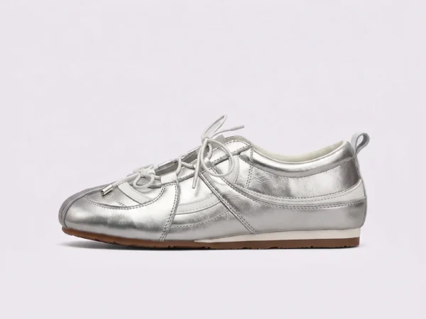 women's silver mary jane flats - soft sole slip-on ballet shoes with hidden 3.5 cm heel in silver, left side profile view on a light gray background