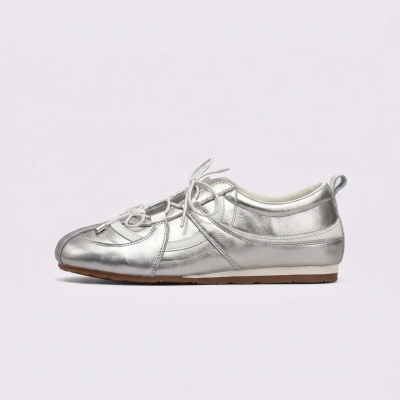 women's silver mary jane flats - soft sole slip-on ballet shoes with hidden 3.5 cm heel in silver, left side profile view on a light gray background