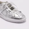 women's silver mary jane flats - soft sole slip-on ballet shoes with hidden 3.5 cm heel in silver, close-up view of the toe on a light gray background