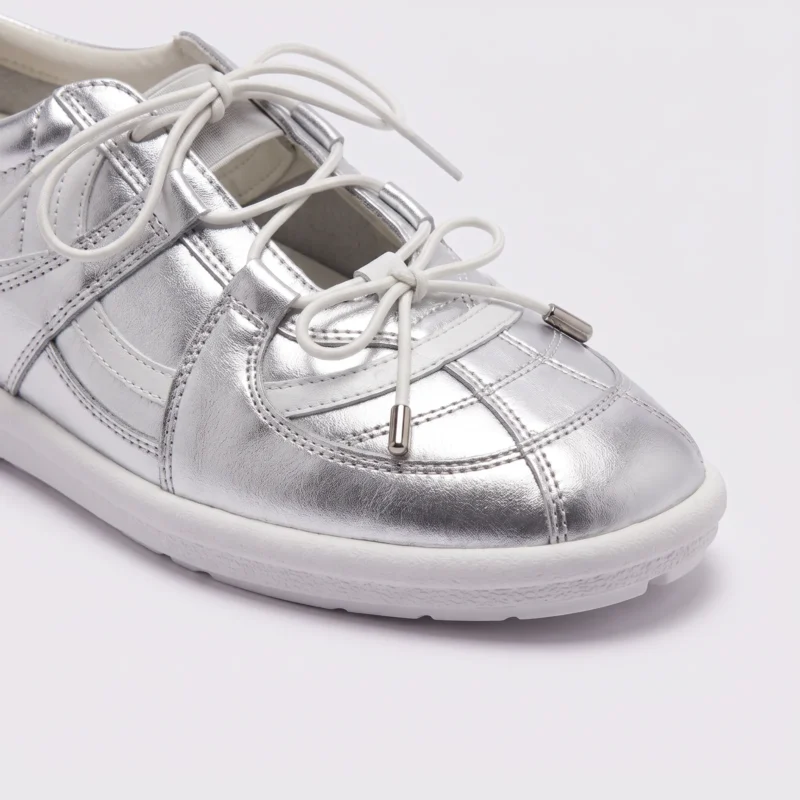 women's silver mary jane flats - soft sole slip-on ballet shoes with hidden 3.5 cm heel in silver, close-up view of the toe on a light gray background