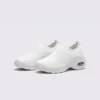 slip-on quilted sock sneakers - lace-free everyday shoes with a cushioned thick sole and heel window in white, front 45-degree view of the pair on a light gray background