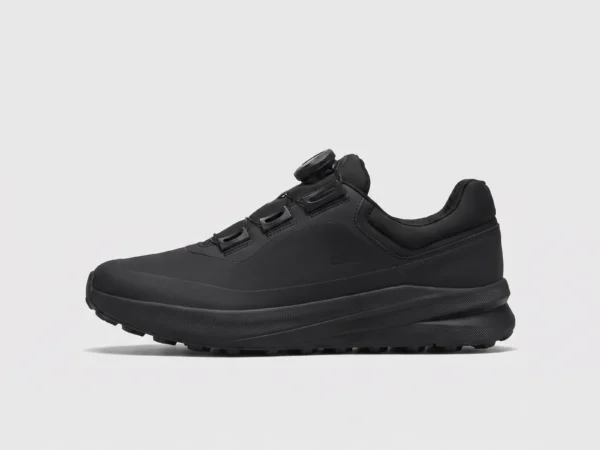 boa closure hiking sneakers in black, left side profile view on a light gray background