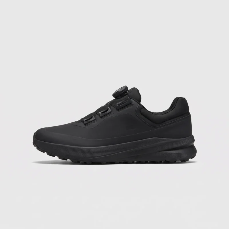 boa closure hiking sneakers in black, left side profile view on a light gray background
