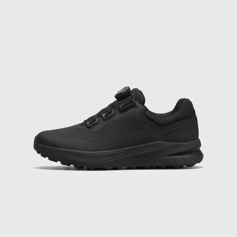 boa closure hiking sneakers in black, right side profile view on a light gray background