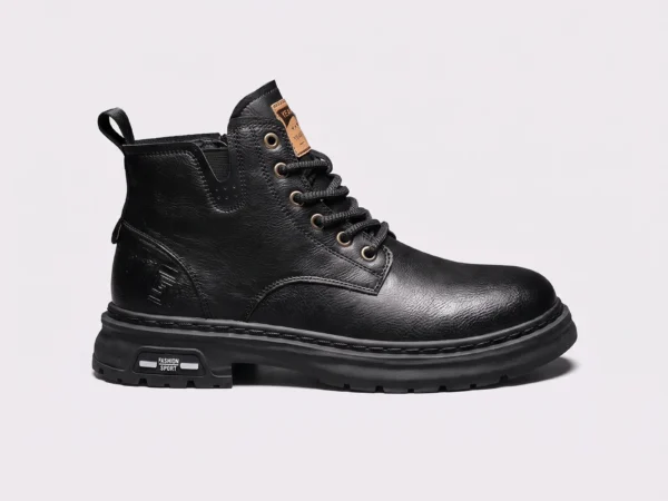 chunky sole leather ankle boots in black, left side profile view on a light gray background