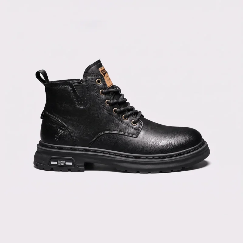 chunky sole leather ankle boots in black, left side profile view on a light gray background
