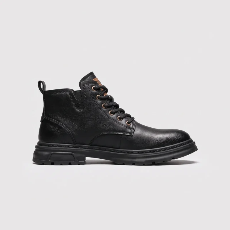 chunky sole leather ankle boots in black, right side profile view on a light gray background