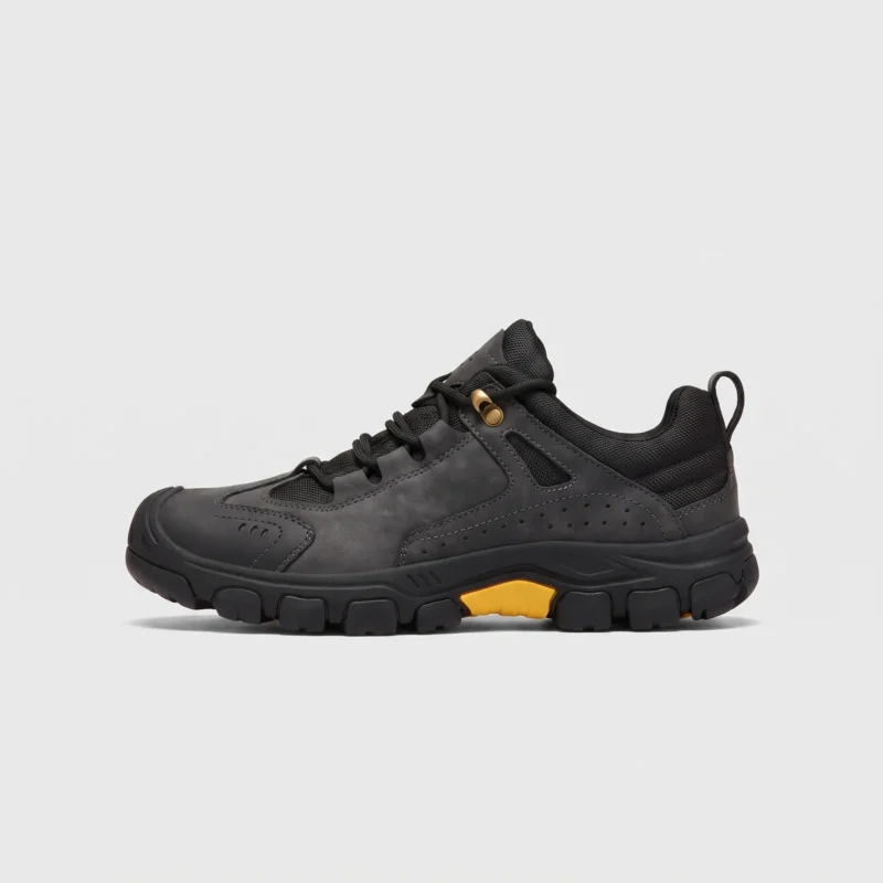 leather outdoor hiking sneakers in black, left side profile view on a light gray background