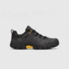 leather outdoor hiking sneakers in black, right side profile view on a light gray background