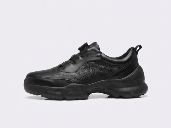 lightweight boa walking sneakers in black, left side profile view on a light gray background