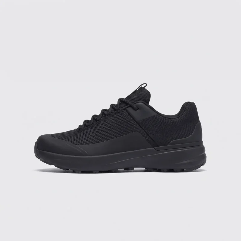 men's waterproof trail running shoes in black, right side profile view on a light gray background