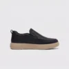 slip-on leather casual shoes in black, left side profile view on a light gray background