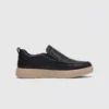 slip-on leather casual shoes in black, right side profile view on a light gray background
