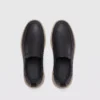 slip-on leather casual shoes in black, top-down view of the pair on a light gray background