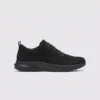 waterproof leather hiking sneakers in black, right side profile view on a light gray background