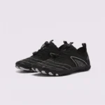 barefoot aqua water shoes quick-dry for beach wading hiking surfing in black, front 45-degree view of the pair on a light gray background