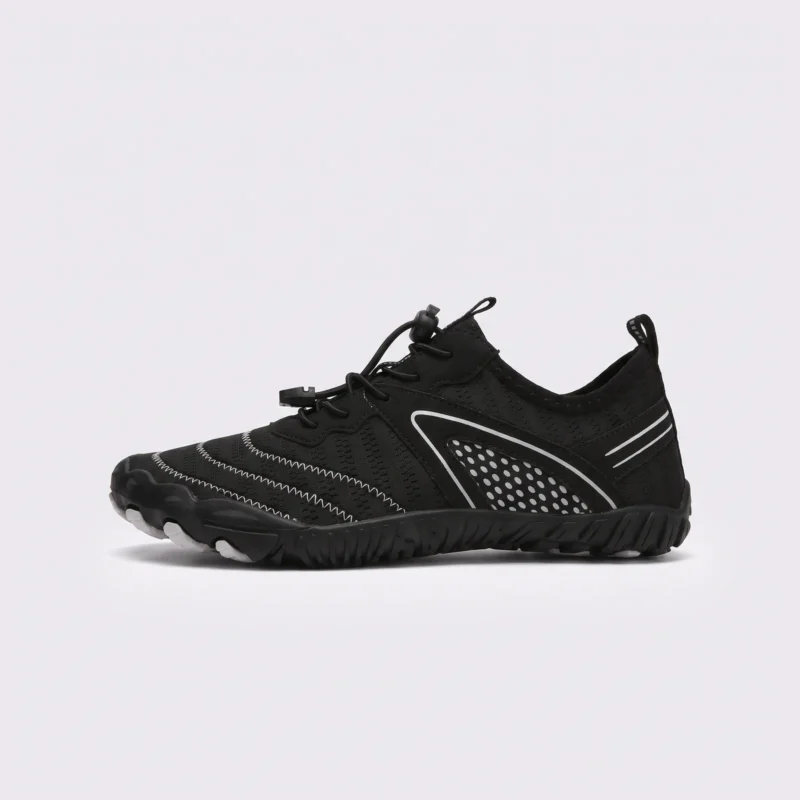 barefoot aqua water shoes quick-dry for beach wading hiking surfing in black, left side profile view on a light gray background