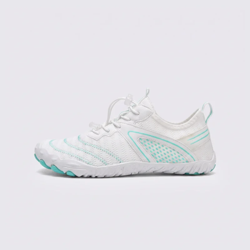 barefoot aqua water shoes quick-dry for beach wading hiking surfing in blue, left side profile view on a light gray background