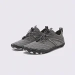 barefoot aqua water shoes quick-dry for beach wading hiking surfing in gray, front 45-degree view of the pair on a light gray background