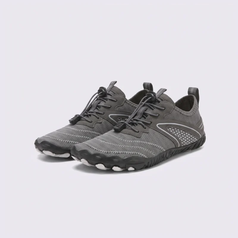 barefoot aqua water shoes quick-dry for beach wading hiking surfing in gray, front 45-degree view of the pair on a light gray background