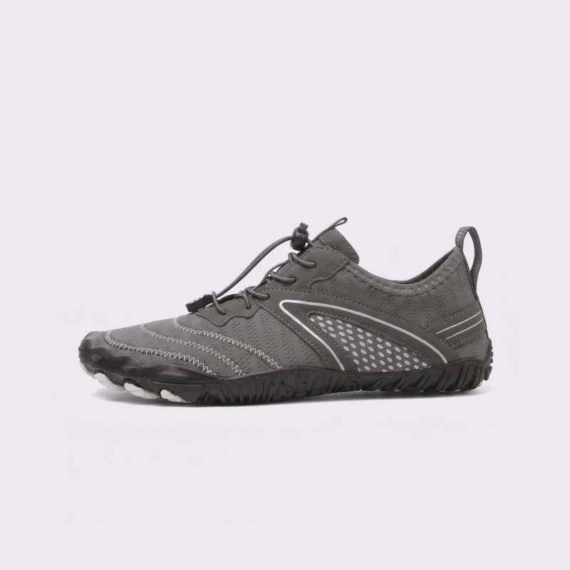 barefoot aqua water shoes quick-dry for beach wading hiking surfing in gray, left side profile view on a light gray background